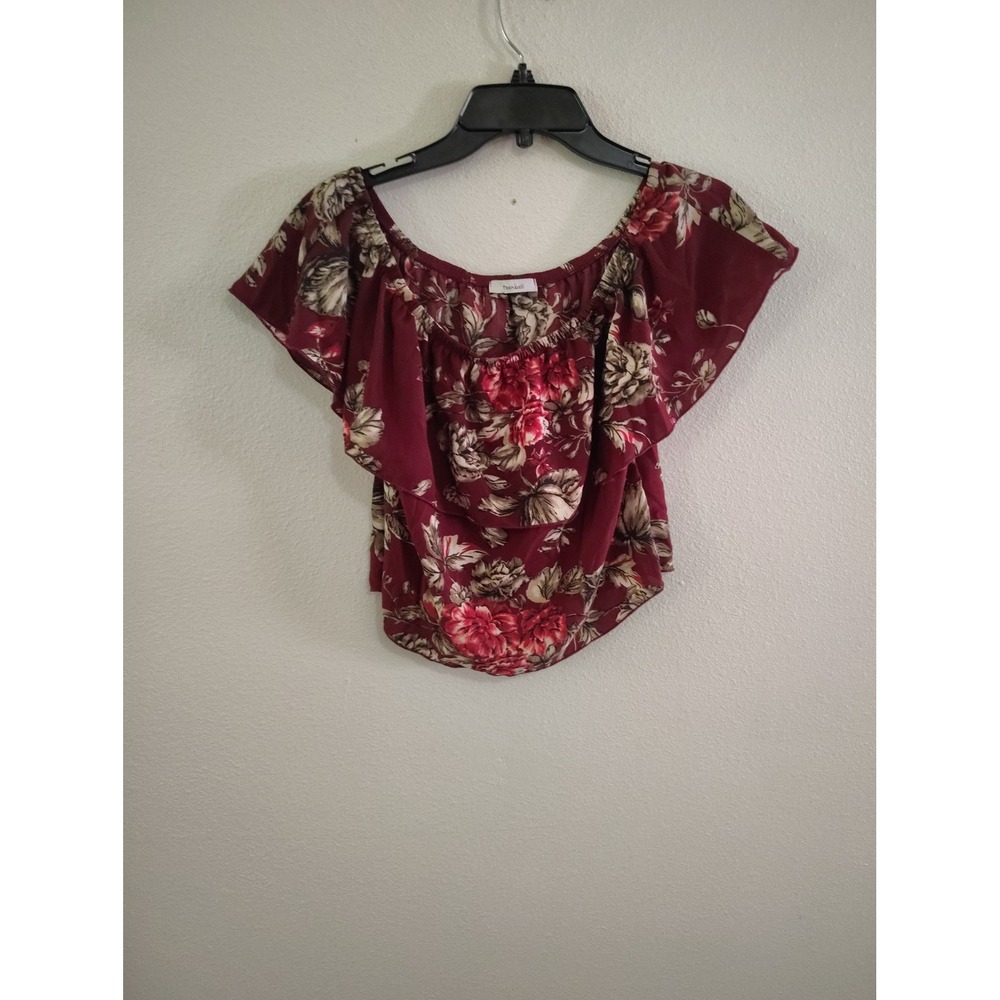 Teenbell Burgundy Floral Off The Shoulder Ruffle Crop Top Small T9384PE2